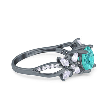 Art Deco Wedding Bridal Ring Round Black Tone, Simulated Paraiba Tourmaline CZ 925 Sterling Silver